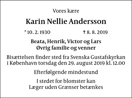 Dødsannoncen for Karin Nellie Andersson - Malmö