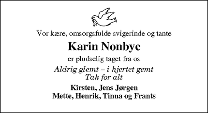Dødsannoncen for Karin Nonbye - Odder