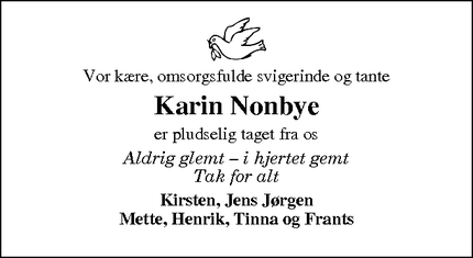 Dødsannoncen for Karin Nonbye - Odder