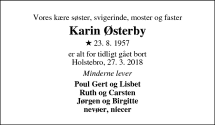 Dødsannoncen for Karin Østerby - Holstebro