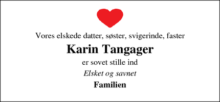 Dødsannoncen for Karin Tangager - Svendborg 