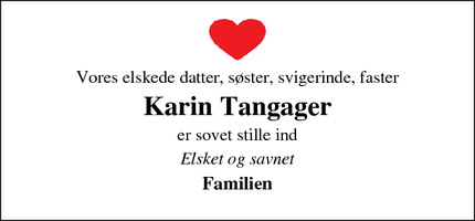 Dødsannoncen for Karin Tangager - Svendborg