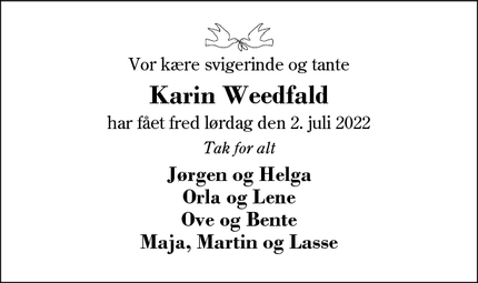 Dødsannoncen for Karin Weedfald - vildbjerg