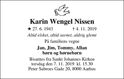 Dødsannoncen for Karin Wengel Nissen - Aarhus N