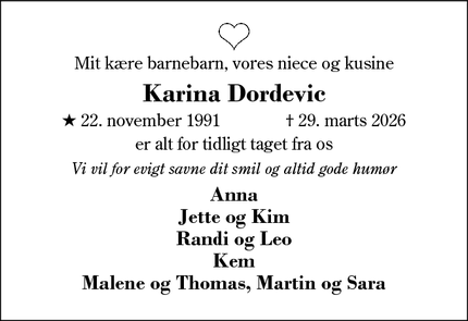 Dødsannoncen for Karina Dordevic - Sønder Felding