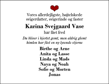 Dødsannoncen for Karina Svejgaard Vase - Herning