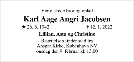 Dødsannoncen for Karl Aage Angri Jacobsen - København