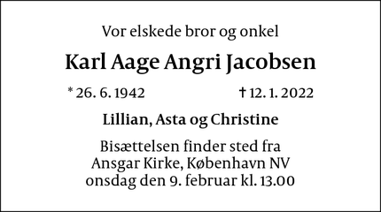 Dødsannoncen for Karl Aage Angri Jacobsen - København