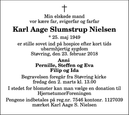 Dødsannoncen for Karl Aage Slumstrup Nielsen - Støvring