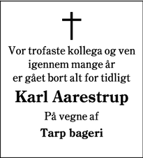 Dødsannoncen for Karl Aarestrup - Tarp