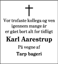 Dødsannoncen for Karl Aarestrup - Tarp