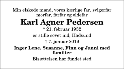 Dødsannoncen for Karl Agner Pedersen - Hadsund