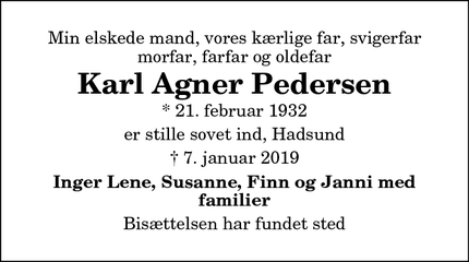 Dødsannoncen for Karl Agner Pedersen - Hadsund