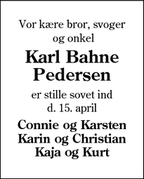 Dødsannoncen for Karl Bahne Pedersen - Esbjerg