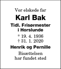 Dødsannoncen for Karl Bak - Nakskov