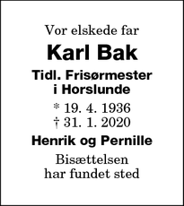 Dødsannoncen for Karl Bak - Nakskov