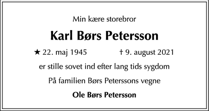 Dødsannoncen for Karl Børs Petersson - Frederiksberg C