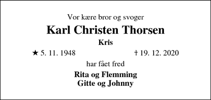 Dødsannoncen for Karl Christen Thorsen - Holstebro