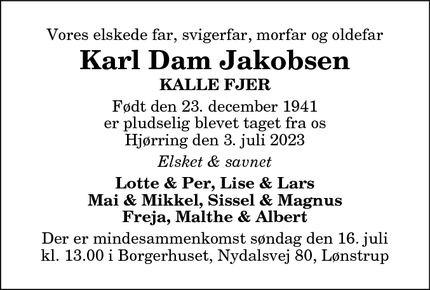 Dødsannoncen for Karl Dam Jakobsen - Hjørring 