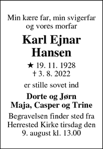 Dødsannoncen for Karl Ejnar
Hansen - Herrested/Måre
