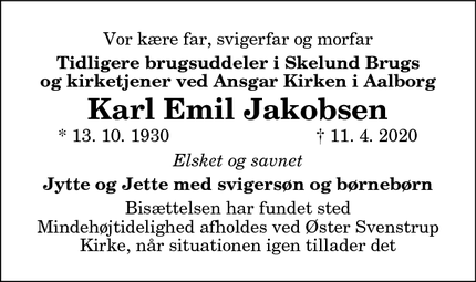 Dødsannoncen for Karl Emil Jakobsen - Aalborg