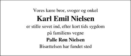 Dødsannoncen for Karl Emil Nielsen - Harboøre