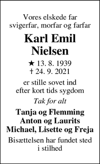 Dødsannoncen for Karl Emil
Nielsen - Lemvig