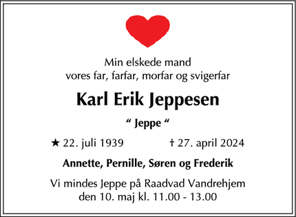 Dødsannoncen for Karl Erik Jeppesen - København S