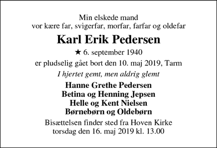 Dødsannoncen for Karl Erik Pedersen - Tarm