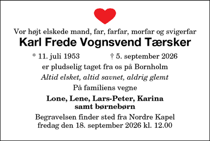 Dødsannoncen for Karl Frede Vognsvend T&aelig;rsker - 4873 Væggerløse