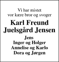 Dødsannoncen for Karl Freund Juelsgård Jensen - Grønbjerg 6971, Spjald