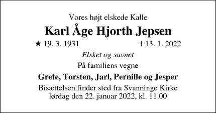 Dødsannoncen for Karl Åge Hjorth Jepsen - Fåborg