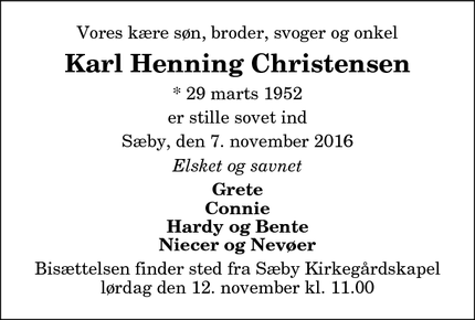 Dødsannoncen for Karl Henning Christensen - Sæby