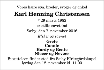 Dødsannoncen for Karl Henning Christensen - Sæby