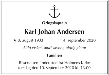Dødsannoncen for Karl Johan Andersen - Kalundborg