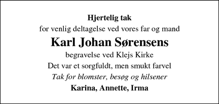 Taksigelsen for Karl Johan Sørensens - Klejs, Juelsminde