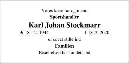 Dødsannoncen for Karl Johan Stockmarr - Helsingør