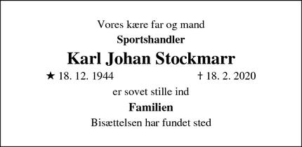 Dødsannoncen for Karl Johan Stockmarr - Helsingør