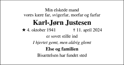 Dødsannoncen for Karl-Jørn Justesen - Juelsminde