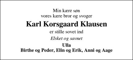 Dødsannoncen for Karl Korsgaard Klausen - Hørning