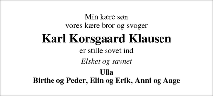 Dødsannoncen for Karl Korsgaard Klausen - Hørning