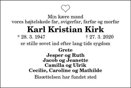 Dødsannoncen for Karl Kristian Kirks - Nibe