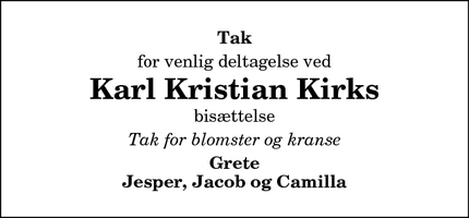 Dødsannoncen for Karl Kristian Kirks - Nibe