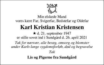 Dødsannoncen for Karl Kristian Kristensen - Bækmarksbro