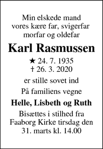 Dødsannoncen for Karl Rasmussen - Højbjerg