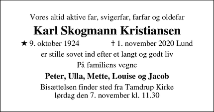 Dødsannoncen for Karl Skogmann Kristiansen - Lund