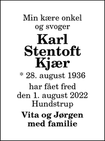 Dødsannoncen for Karl Stentoft Kjær - Hundstrup