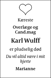 Dødsannoncen for Karl Wulff  - Bellinge