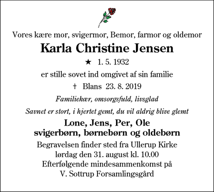 Dødsannoncen for Karla Christine Jensen - Blans