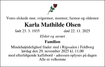Dødsannoncen for Karla Mathilde Olsen - Skelhøje
